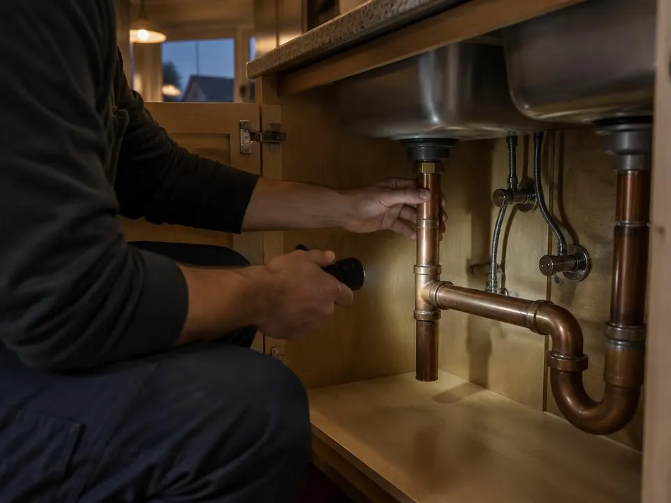 Generated illustration of a plumber inspecting copper pipes under a kitchen sink with a flashlight