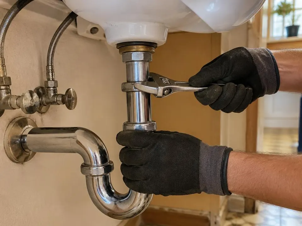 Generated illustration of gloved hands tightening a sink drain fitting with a wrench