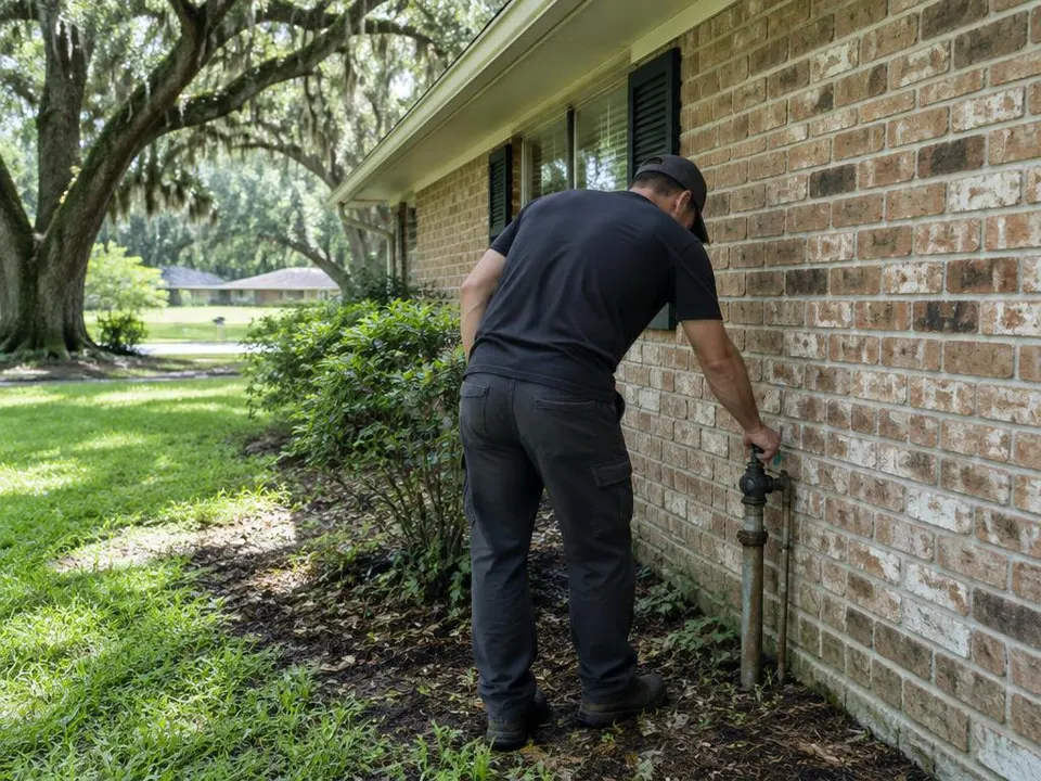 Generated illustration of a plumber checking an outdoor water valve on a brick wall