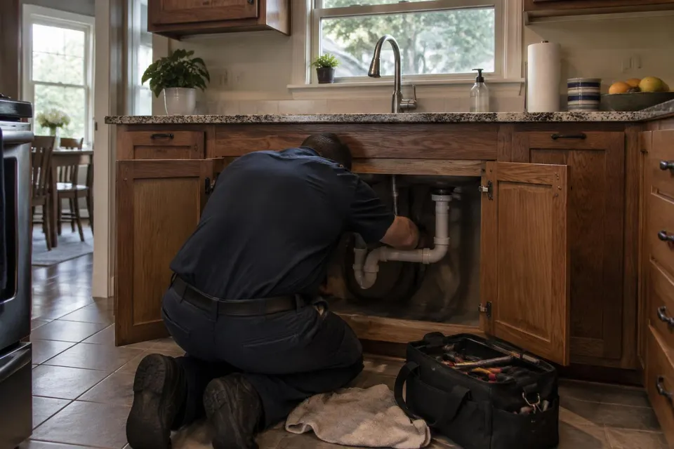 Generated illustration of a plumber kneeling under an open kitchen sink cabinet in a brick ranch home