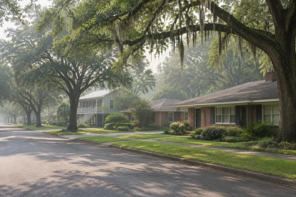 Generated illustration of a residential street with brick ranch houses, a raised home and live oak trees