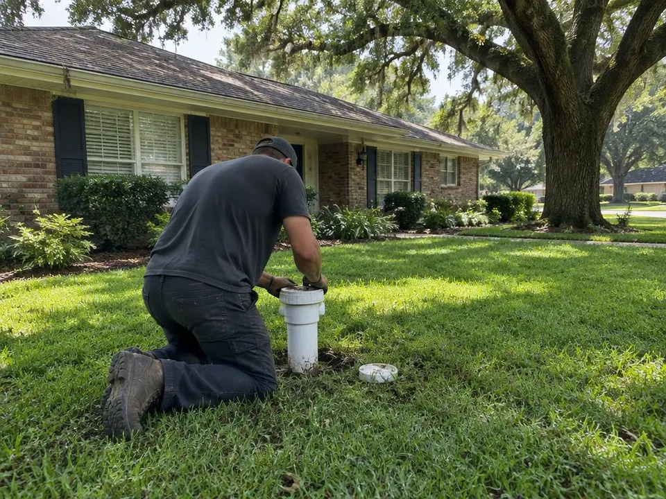 Generated illustration of a plumber at a sewer cleanout pipe in the front yard of a brick ranch house