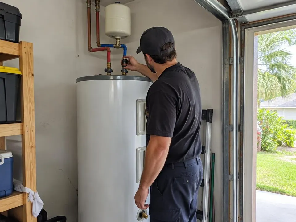 Generated illustration of a plumber inspecting the pipes above a tank water heater in a garage